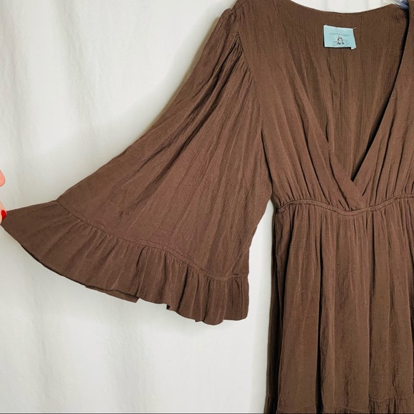 JUDITH MARCH Boho Dress - BROWN BOHO RUFFLE BELL SLEEVE DEEP V NECK DRESS M - Picture 4 of 4